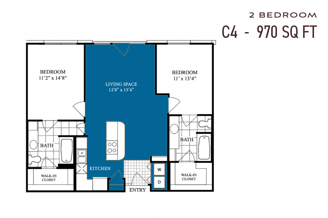 Floor plan for 2 beds, 2 baths, 970 sqft